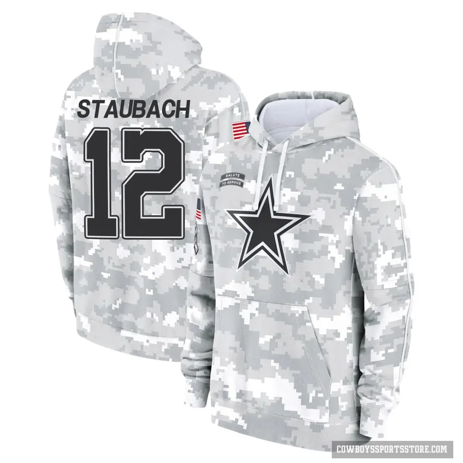 Men's ＃12 Roger Staubach Dallas Cowboys Arctic Camo 2024 Salute to Service Club Fleece Pullover Hoodie