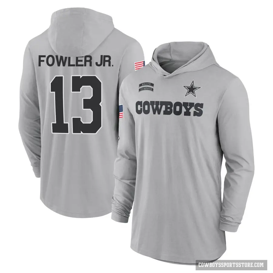 Men's ＃13 Dante Fowler Jr. Dallas Cowboys Gray 2024 Salute to Service Lightweight Performance Long Sleeve Hooded T-Shirt