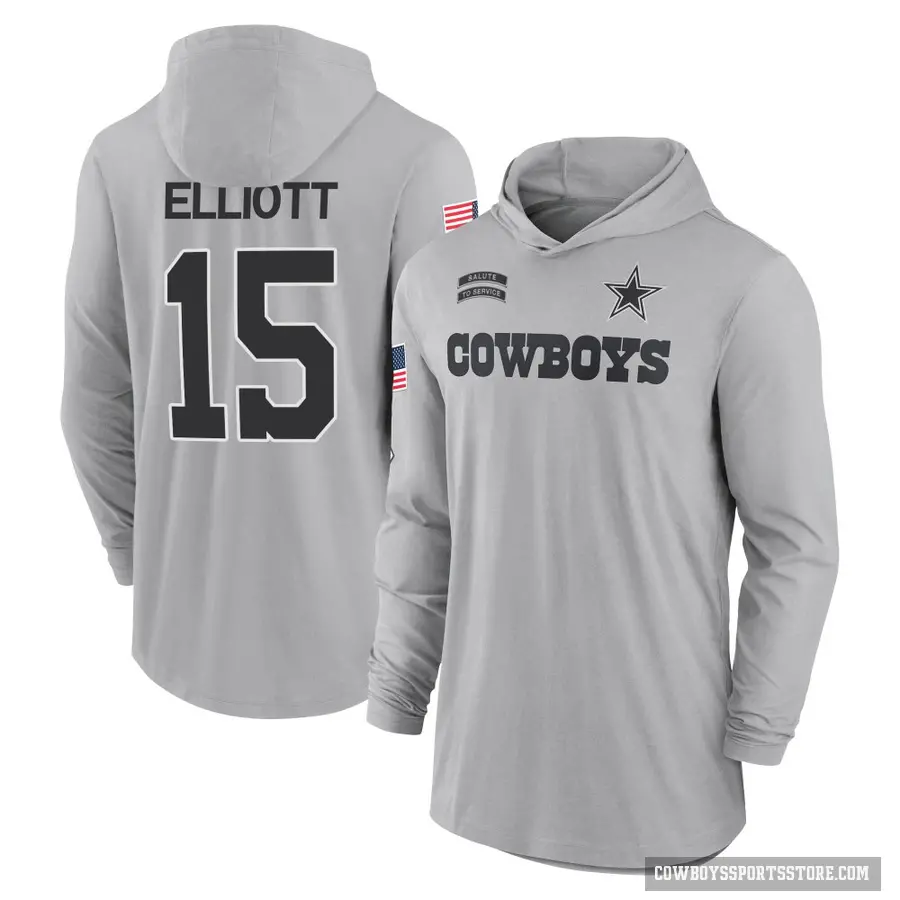 Men's ＃15 Ezekiel Elliott Dallas Cowboys Gray 2024 Salute to Service Lightweight Performance Long Sleeve Hooded T-Shirt