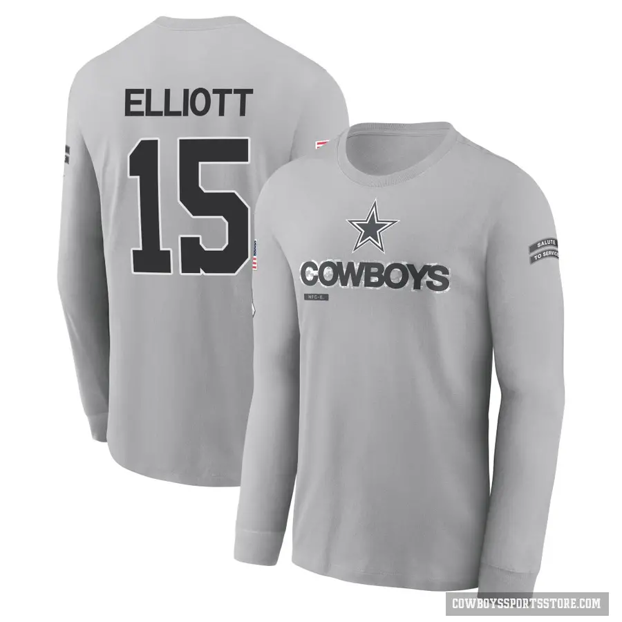 Men's ＃15 Ezekiel Elliott Dallas Cowboys Gray 2024 Salute to Service Long Sleeve T-Shirt