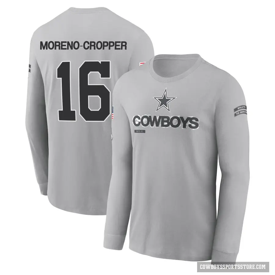Men's ＃16 Jalen Moreno-Cropper Dallas Cowboys Gray 2024 Salute to Service Long Sleeve T-Shirt