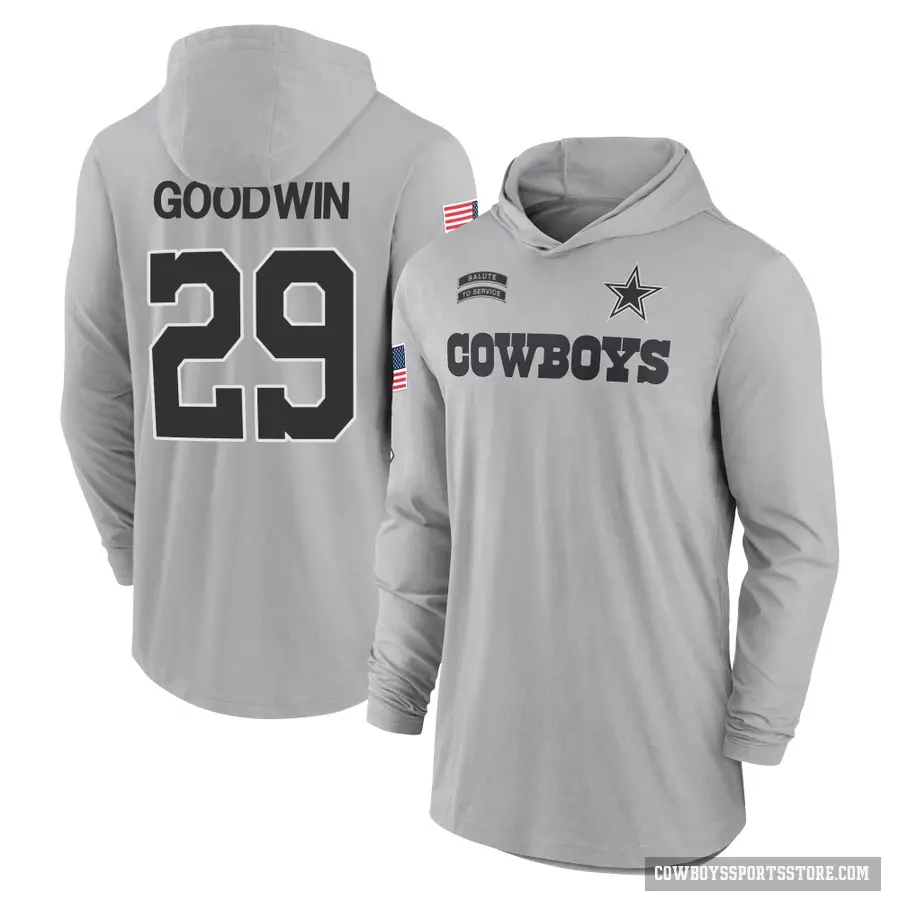 Men's ＃29 C.J. Goodwin Dallas Cowboys Gray 2024 Salute to Service Lightweight Performance Long Sleeve Hooded T-Shirt