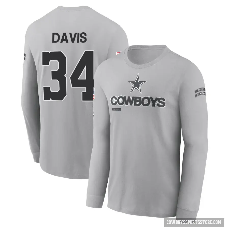 Men's ＃34 Malik Davis Dallas Cowboys Gray 2024 Salute to Service Long Sleeve T-Shirt