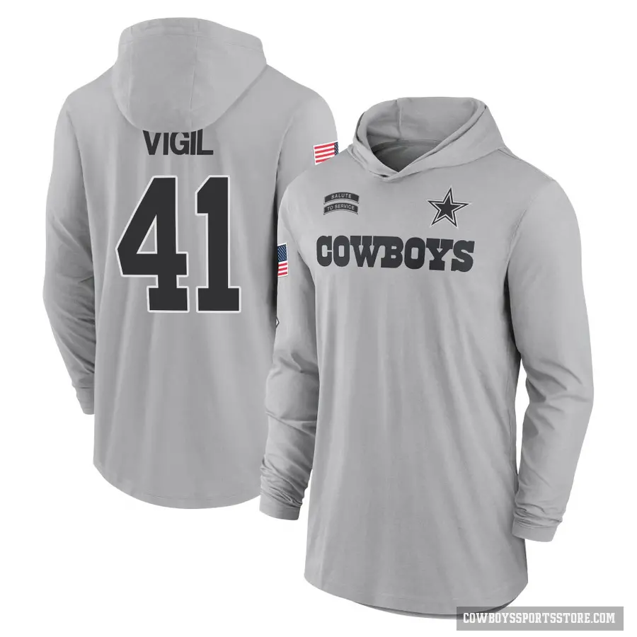 Men's ＃41 Nick Vigil Dallas Cowboys Gray 2024 Salute to Service Lightweight Performance Long Sleeve Hooded T-Shirt