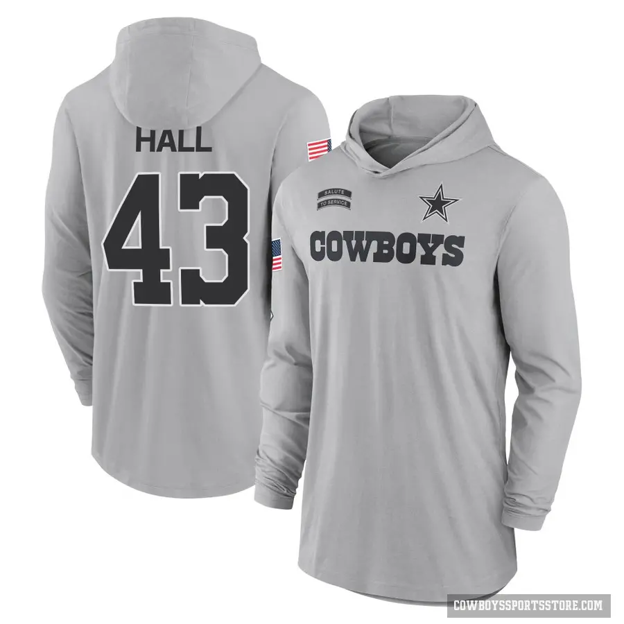 Men's ＃43 Kemon Hall Dallas Cowboys Gray 2024 Salute to Service Lightweight Performance Long Sleeve Hooded T-Shirt