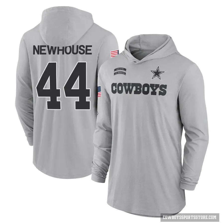 Men's ＃44 Robert Newhouse Dallas Cowboys Gray 2024 Salute to Service Lightweight Performance Long Sleeve Hooded T-Shirt