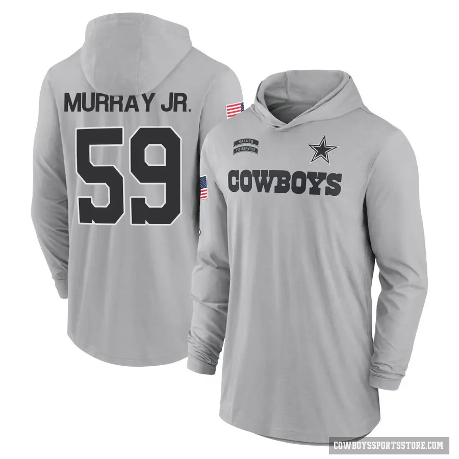 Men's ＃59 Kenneth Murray Jr. Dallas Cowboys Gray 2024 Salute to Service Lightweight Performance Long Sleeve Hooded T-Shirt