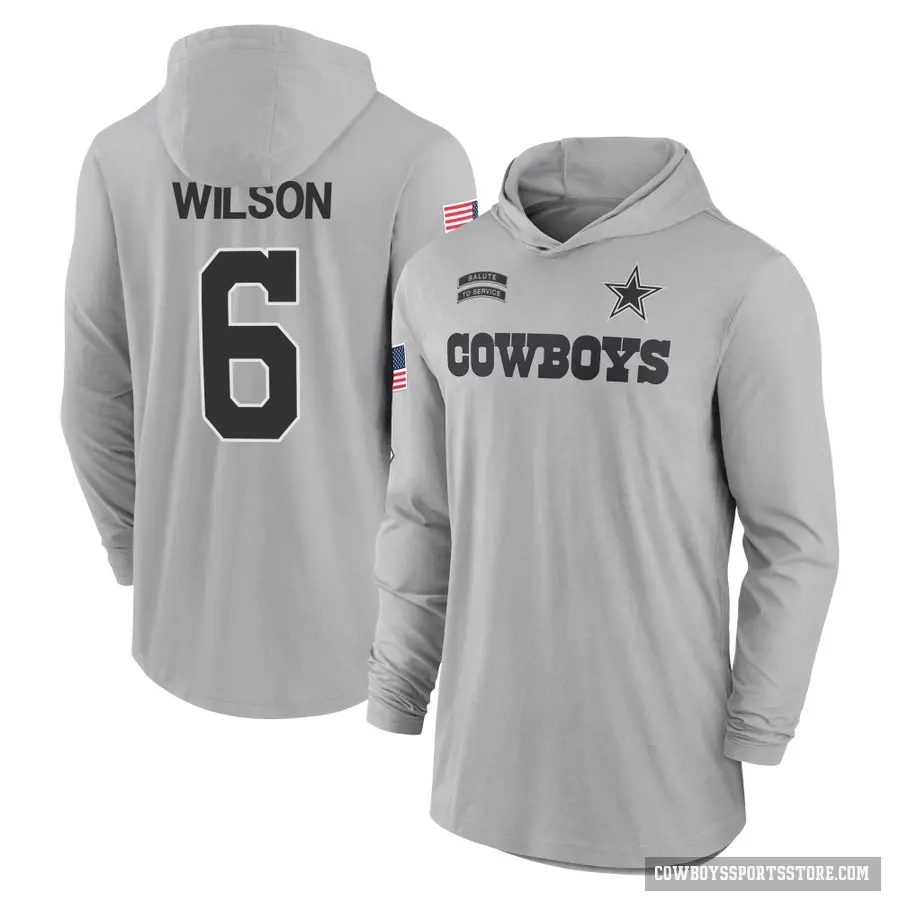 Men's ＃6 Donovan Wilson Dallas Cowboys Gray 2024 Salute to Service Lightweight Performance Long Sleeve Hooded T-Shirt