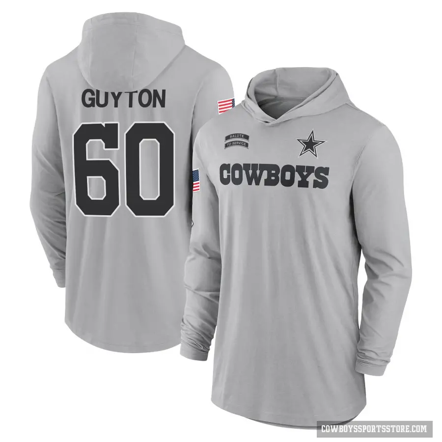 Men's ＃60 Tyler Guyton Dallas Cowboys Gray 2024 Salute to Service Lightweight Performance Long Sleeve Hooded T-Shirt