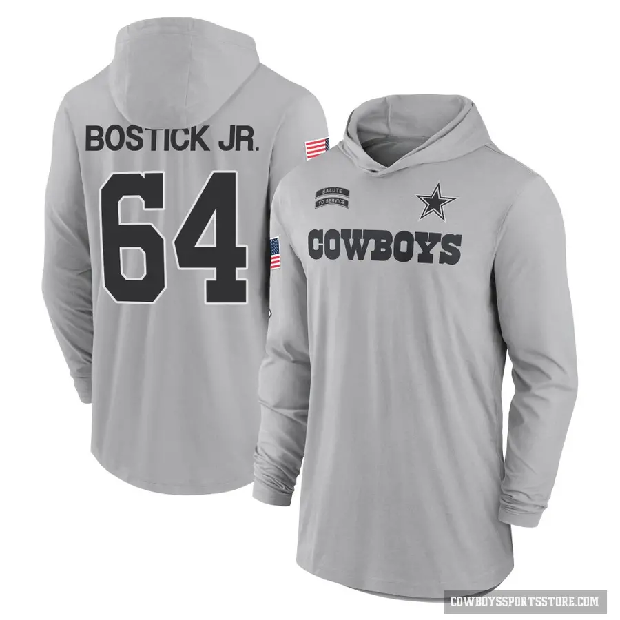 Men's ＃64 Earl Bostick Jr. Dallas Cowboys Gray 2024 Salute to Service Lightweight Performance Long Sleeve Hooded T-Shirt