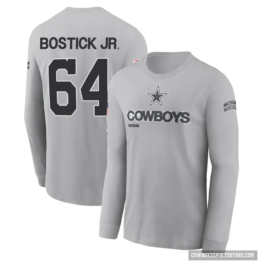 Men's ＃64 Earl Bostick Jr. Dallas Cowboys Gray 2024 Salute to Service Long Sleeve T-Shirt