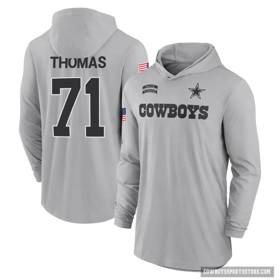 Men's ＃71 Nathan Thomas Dallas Cowboys Gray 2024 Salute to Service Lightweight Performance Long Sleeve Hooded T-Shirt