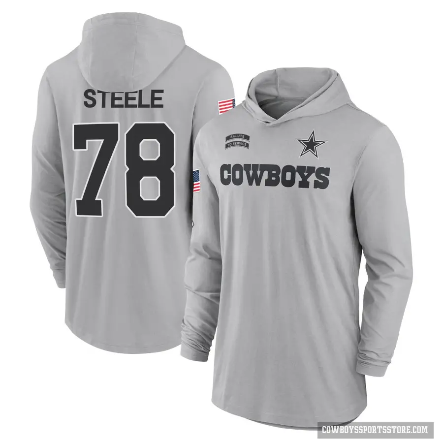 Men's ＃78 Terence Steele Dallas Cowboys Gray 2024 Salute to Service Lightweight Performance Long Sleeve Hooded T-Shirt