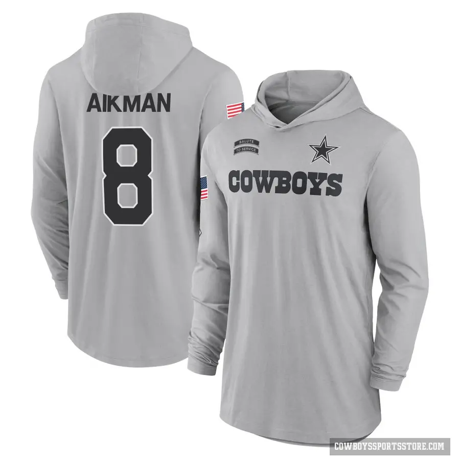 Men's ＃8 Troy Aikman Dallas Cowboys Gray 2024 Salute to Service Lightweight Performance Long Sleeve Hooded T-Shirt