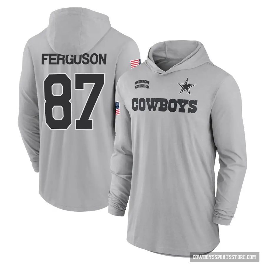 Men's ＃87 Jake Ferguson Dallas Cowboys Gray 2024 Salute to Service Lightweight Performance Long Sleeve Hooded T-Shirt