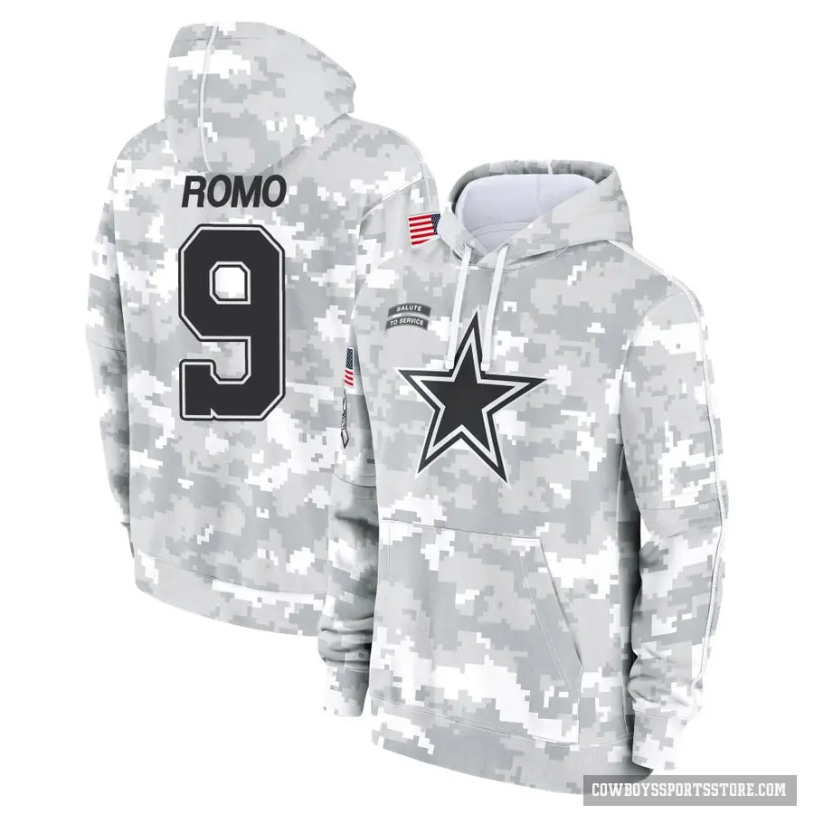 Men's ＃9 Tony Romo Dallas Cowboys Arctic Camo 2024 Salute to Service Club Fleece Pullover Hoodie