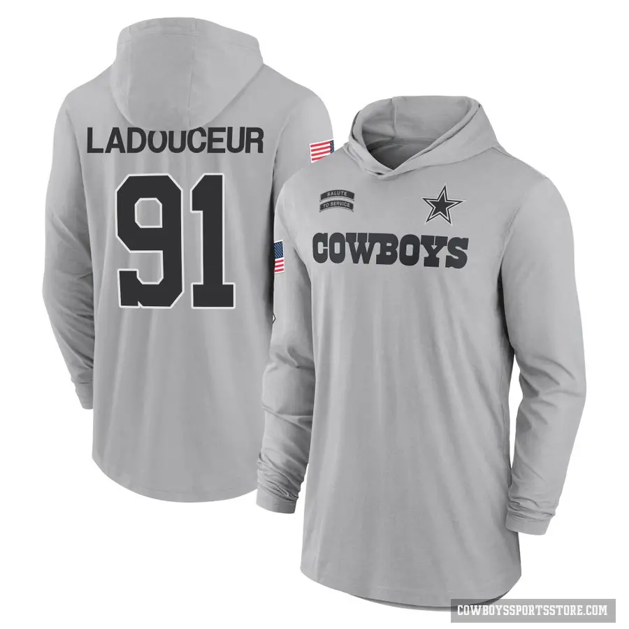 Men's ＃91 L.P. Ladouceur Dallas Cowboys Gray 2024 Salute to Service Lightweight Performance Long Sleeve Hooded T-Shirt