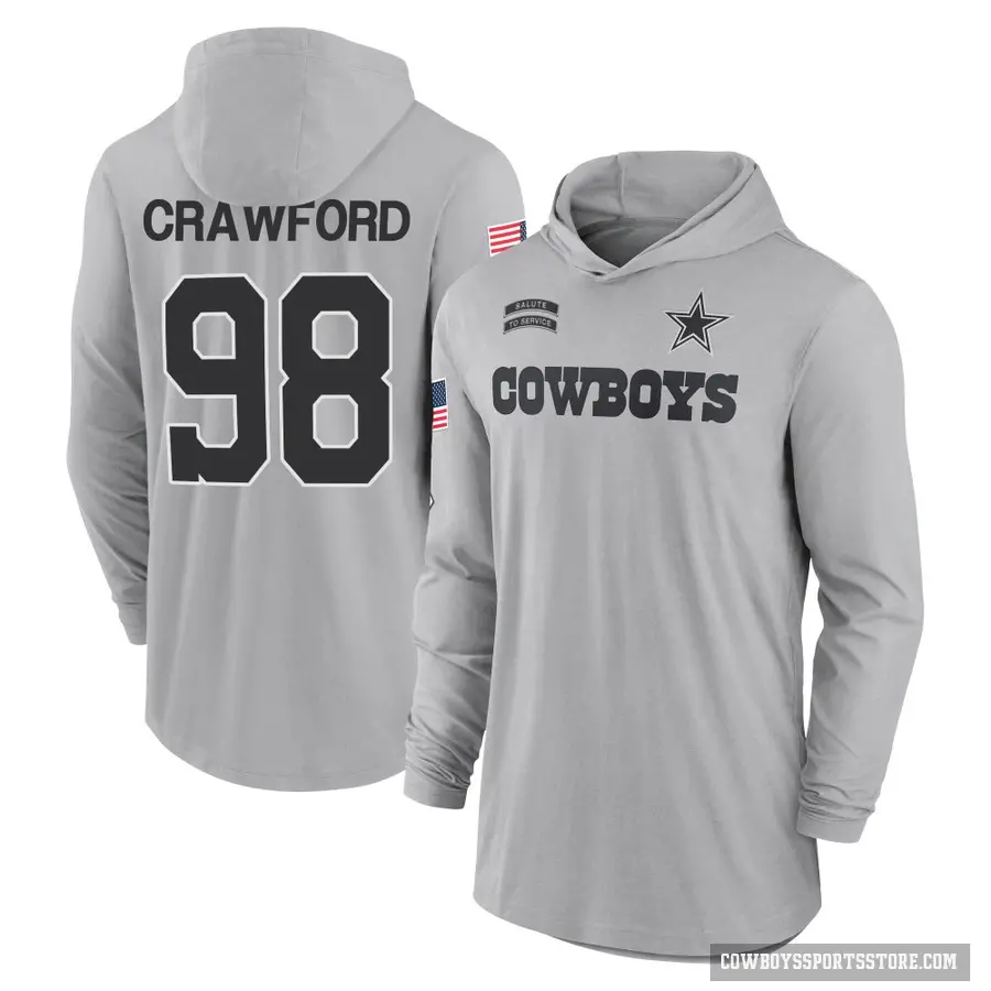 Men's ＃98 Tyrone Crawford Dallas Cowboys Gray 2024 Salute to Service Lightweight Performance Long Sleeve Hooded T-Shirt
