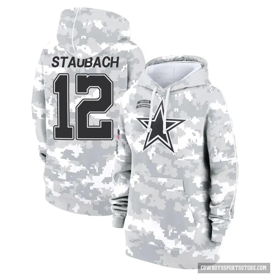 Women's ＃12 Roger Staubach Dallas Cowboys Arctic Camo 2024 Salute to Service Club Fleece Pullover Hoodie