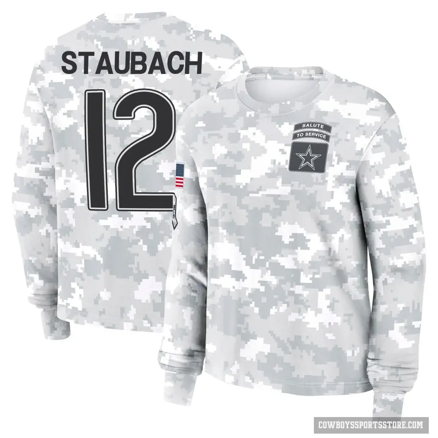 Women's ＃12 Roger Staubach Dallas Cowboys Camo Arctic 2024 Salute to Service Long Sleeve T-Shirt