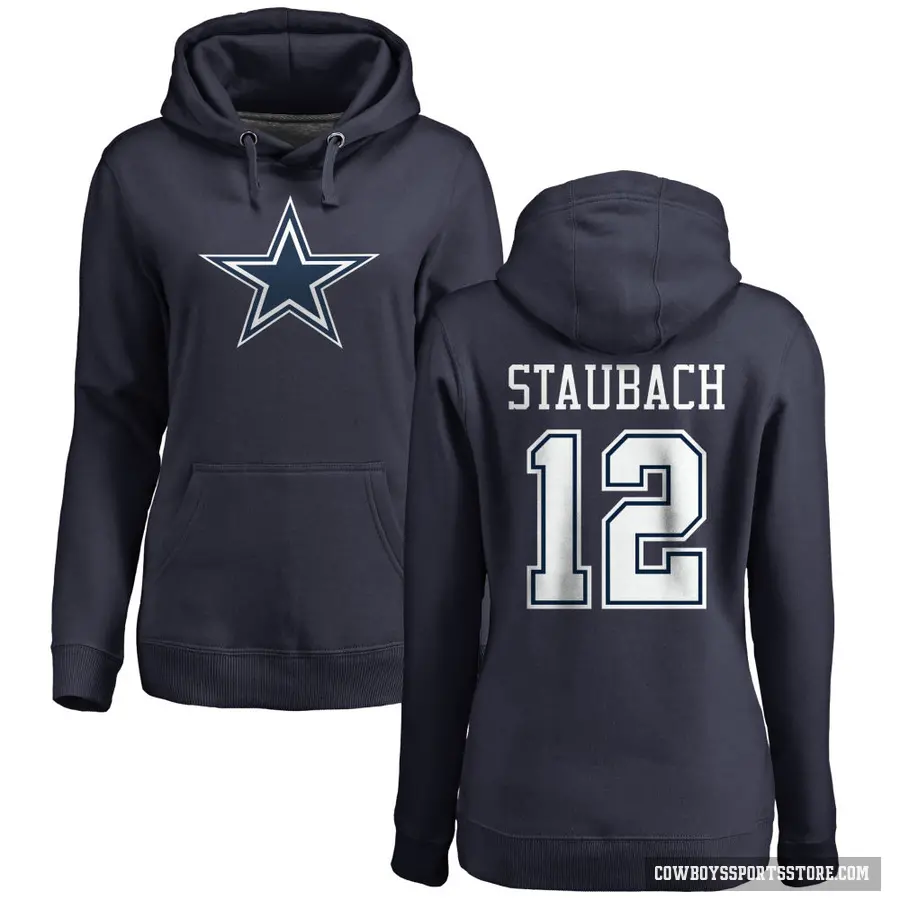 Women's ＃12 Roger Staubach Dallas Cowboys Navy Pro Line by Branded Name & Number Pullover Hoodie