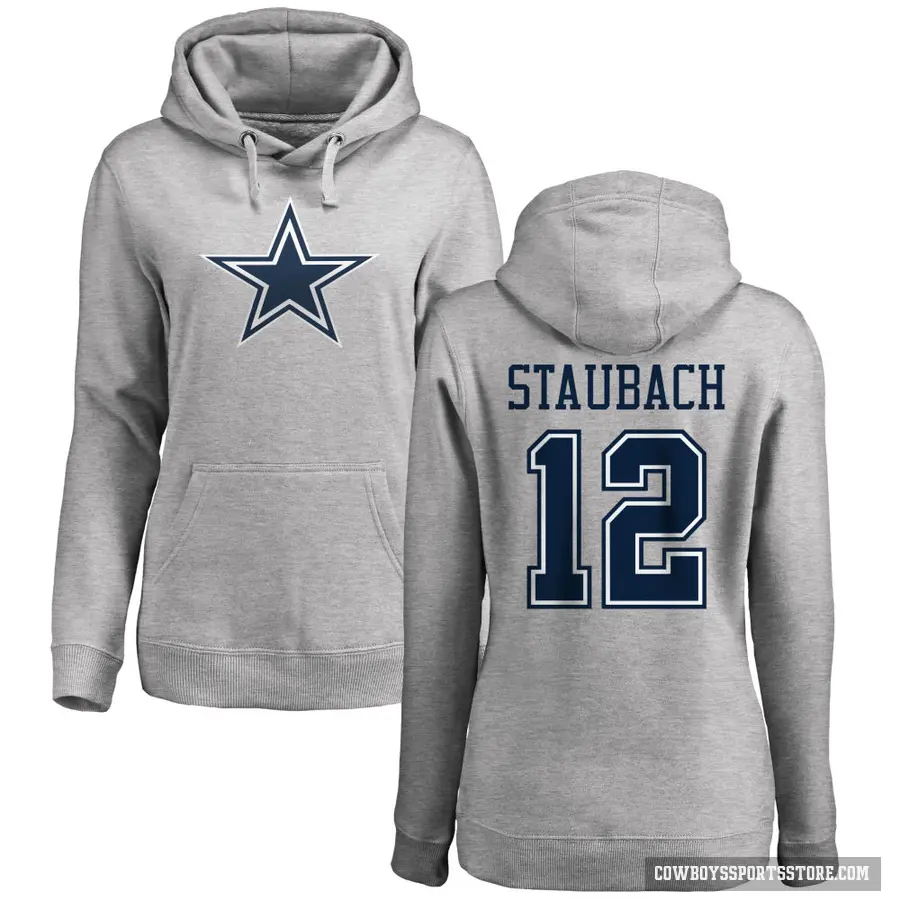 Women's ＃12 Roger Staubach Dallas Cowboys Pro Line by Branded Ash Name & Number Logo Pullover Hoodie
