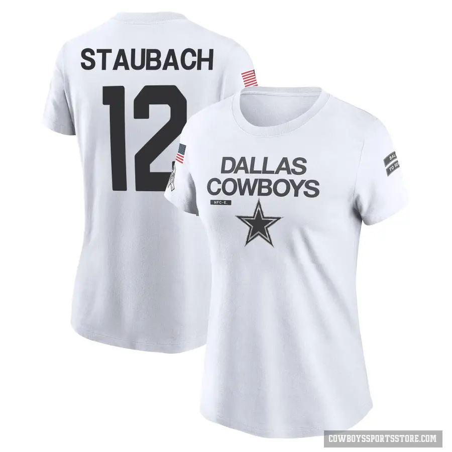 Women's ＃12 Roger Staubach Dallas Cowboys White 2024 Salute to Service Performance T-Shirt