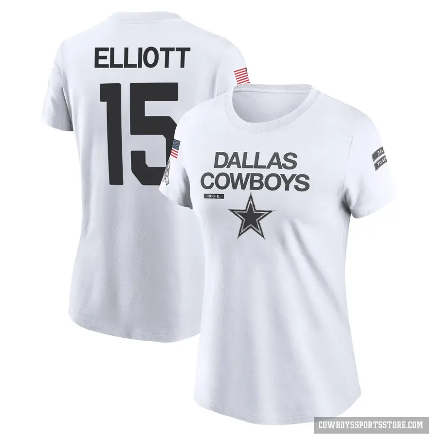 Women's ＃15 Ezekiel Elliott Dallas Cowboys White 2024 Salute to Service Performance T-Shirt