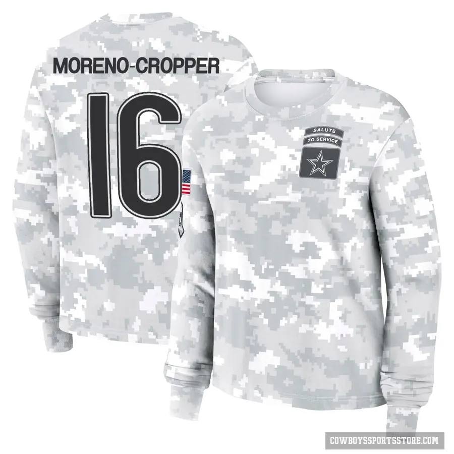 Women's ＃16 Jalen Moreno-Cropper Dallas Cowboys Camo Arctic 2024 Salute to Service Long Sleeve T-Shirt