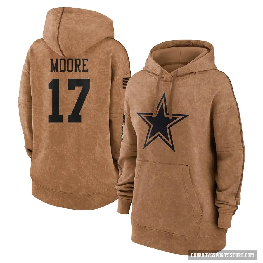 Women's ＃17 Kellen Moore Dallas Cowboys Brown 2023 Salute To Service Pullover Hoodie
