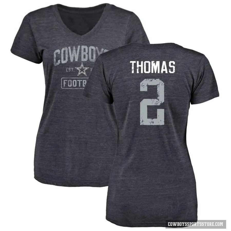 Women's ＃2 Juanyeh Thomas Dallas Cowboys Navy Distressed V-Neck T-Shirt