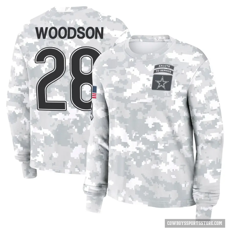 Women's ＃28 Darren Woodson Dallas Cowboys Camo Arctic 2024 Salute to Service Long Sleeve T-Shirt