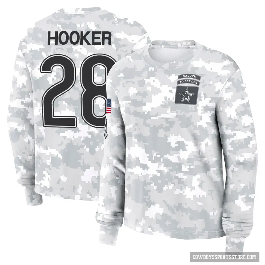 Women's ＃28 Malik Hooker Dallas Cowboys Camo Arctic 2024 Salute to Service Long Sleeve T-Shirt