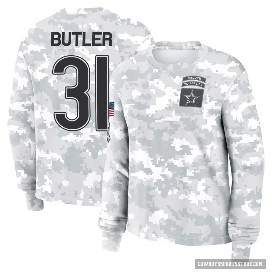 Women's ＃31 Josh Butler Dallas Cowboys Camo Arctic 2024 Salute to Service Long Sleeve T-Shirt