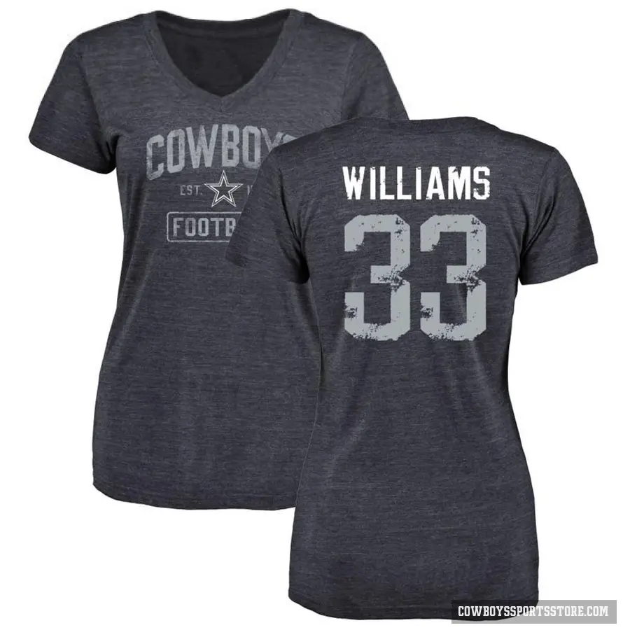 Women's ＃33 Javonte Williams Dallas Cowboys Navy Distressed V-Neck T-Shirt