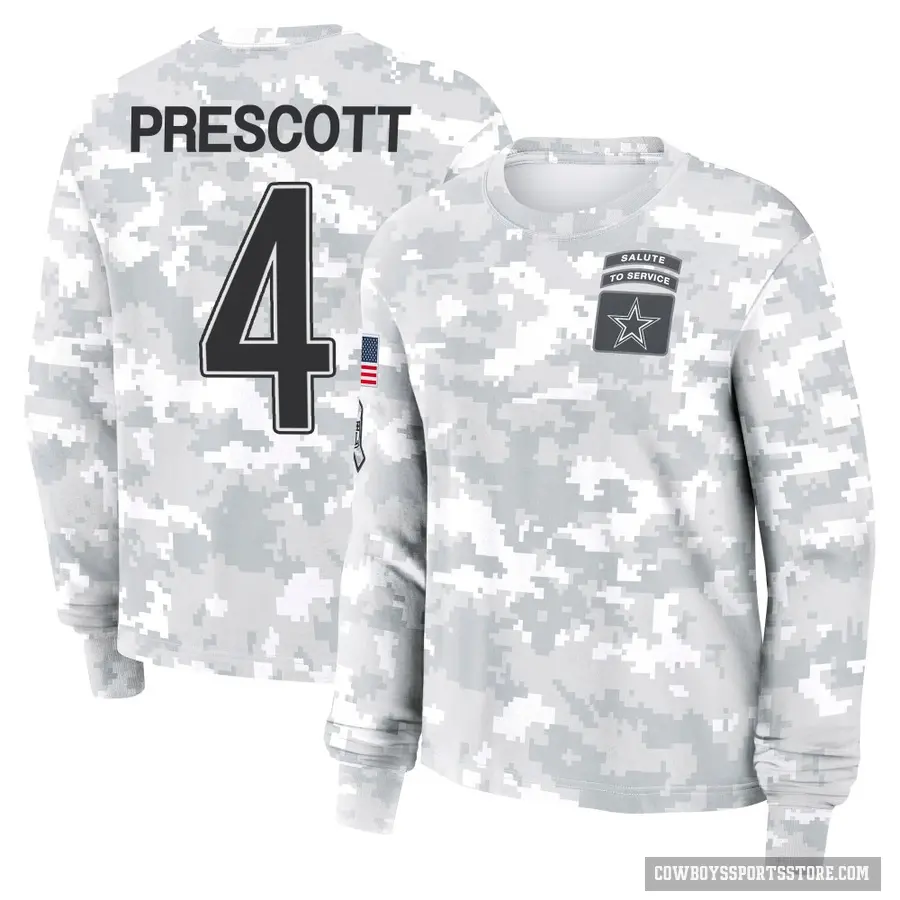 Women's ＃4 Dak Prescott Dallas Cowboys Camo Arctic 2024 Salute to Service Long Sleeve T-Shirt