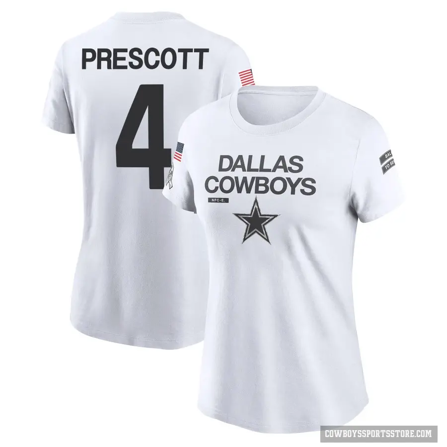 Women's ＃4 Dak Prescott Dallas Cowboys White 2024 Salute to Service Performance T-Shirt