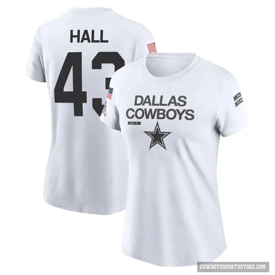 Women's ＃43 Kemon Hall Dallas Cowboys White 2024 Salute to Service Performance T-Shirt