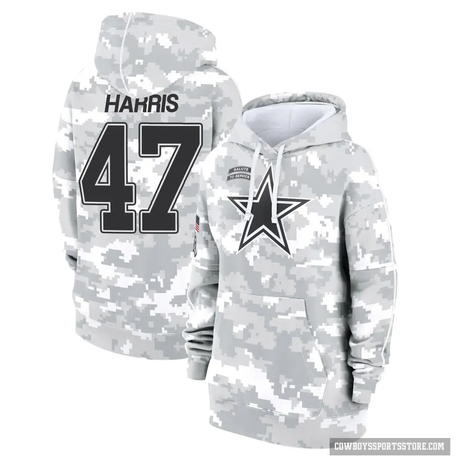 Women's ＃47 Darius Harris Dallas Cowboys Arctic Camo 2024 Salute to Service Club Fleece Pullover Hoodie