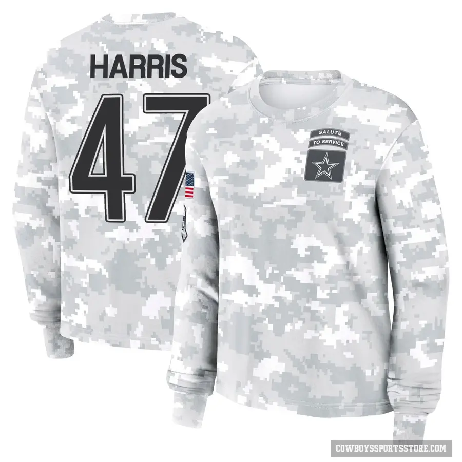 Women's ＃47 Darius Harris Dallas Cowboys Camo Arctic 2024 Salute to Service Long Sleeve T-Shirt