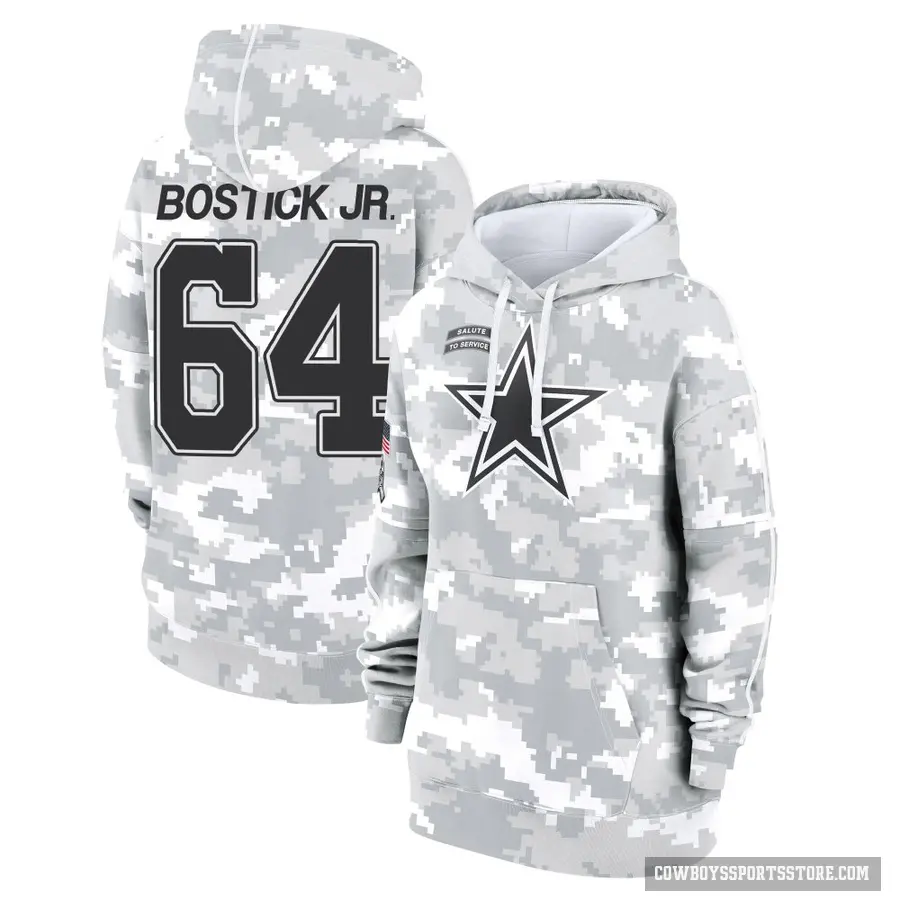 Women's ＃64 Earl Bostick Jr. Dallas Cowboys Arctic Camo 2024 Salute to Service Club Fleece Pullover Hoodie