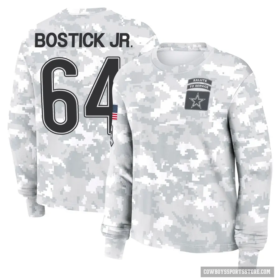 Women's ＃64 Earl Bostick Jr. Dallas Cowboys Camo Arctic 2024 Salute to Service Long Sleeve T-Shirt