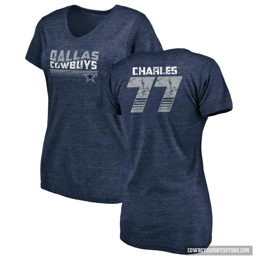 Women's ＃77 Saahdiq Charles Dallas Cowboys Navy Retro V-Neck T-Shirt