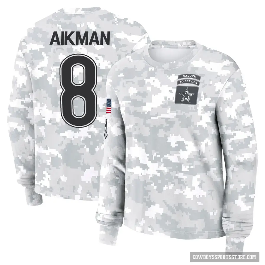 Women's ＃8 Troy Aikman Dallas Cowboys Camo Arctic 2024 Salute to Service Long Sleeve T-Shirt