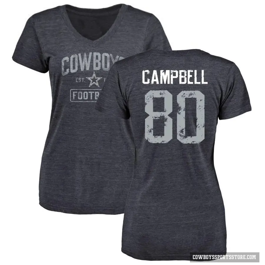 Women's ＃80 Parris Campbell Dallas Cowboys Navy Distressed V-Neck T-Shirt