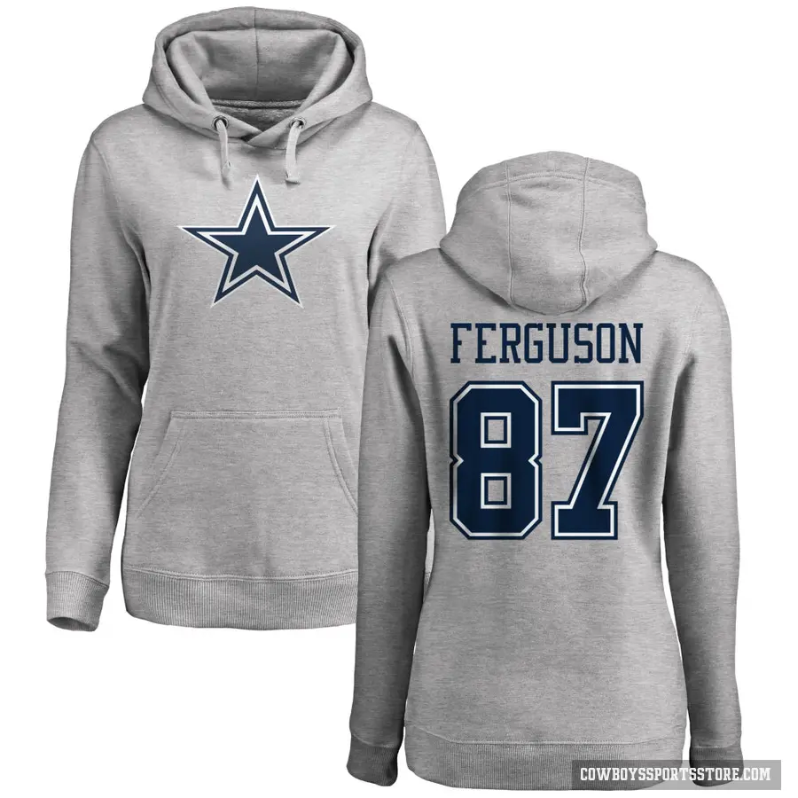 Women's ＃87 Jake Ferguson Dallas Cowboys Pro Line by Branded Ash Name & Number Logo Pullover Hoodie