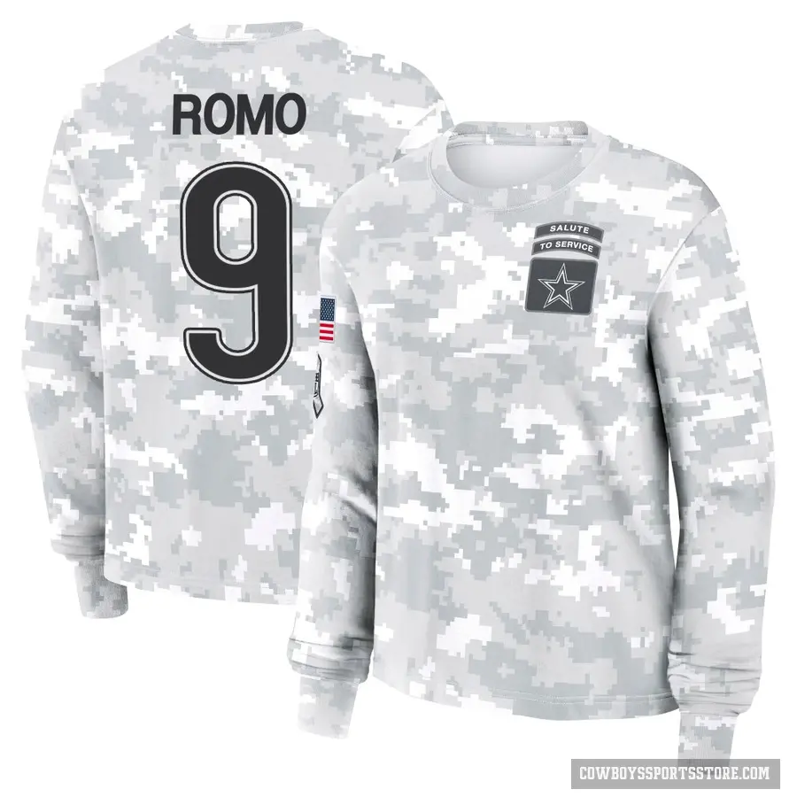 Women's ＃9 Tony Romo Dallas Cowboys Camo Arctic 2024 Salute to Service Long Sleeve T-Shirt