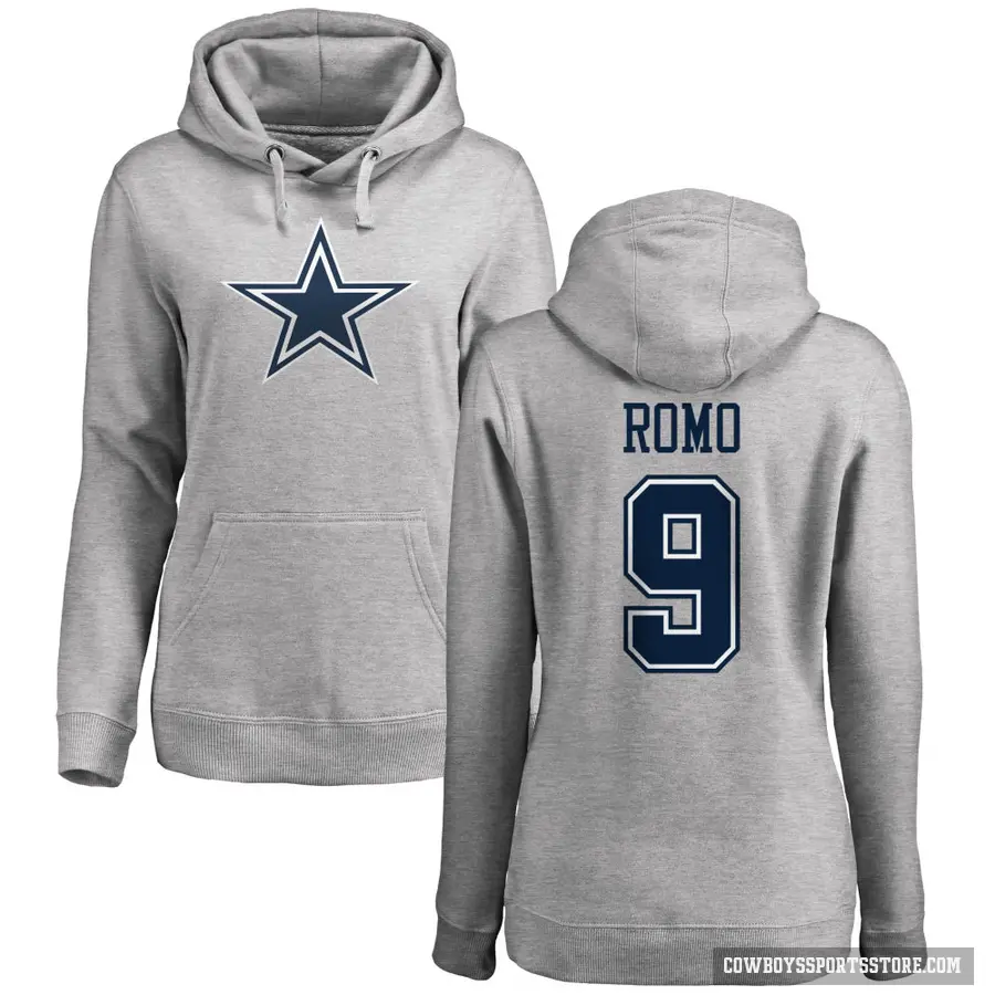 Women's ＃9 Tony Romo Dallas Cowboys Pro Line by Branded Ash Name & Number Logo Pullover Hoodie