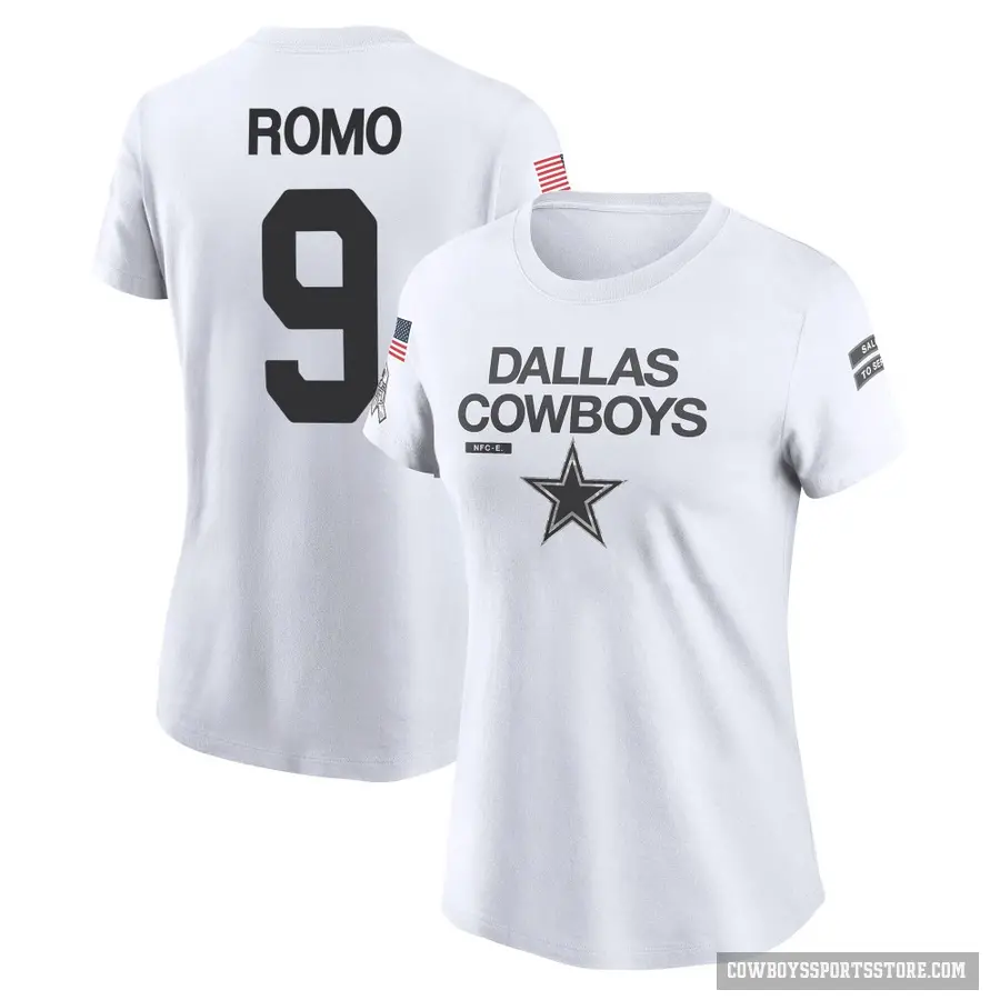Women's ＃9 Tony Romo Dallas Cowboys White 2024 Salute to Service Performance T-Shirt