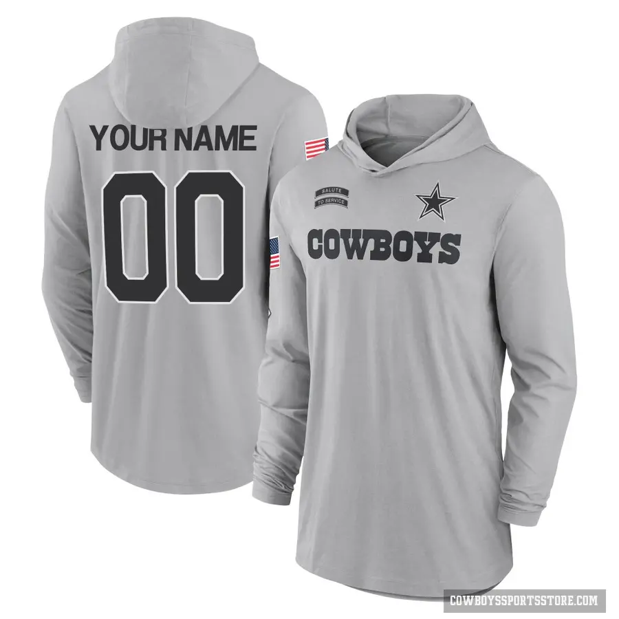 Youth ＃00 Custom Dallas Cowboys Gray 2024 Salute to Service Lightweight Performance Long Sleeve Hooded T-Shirt